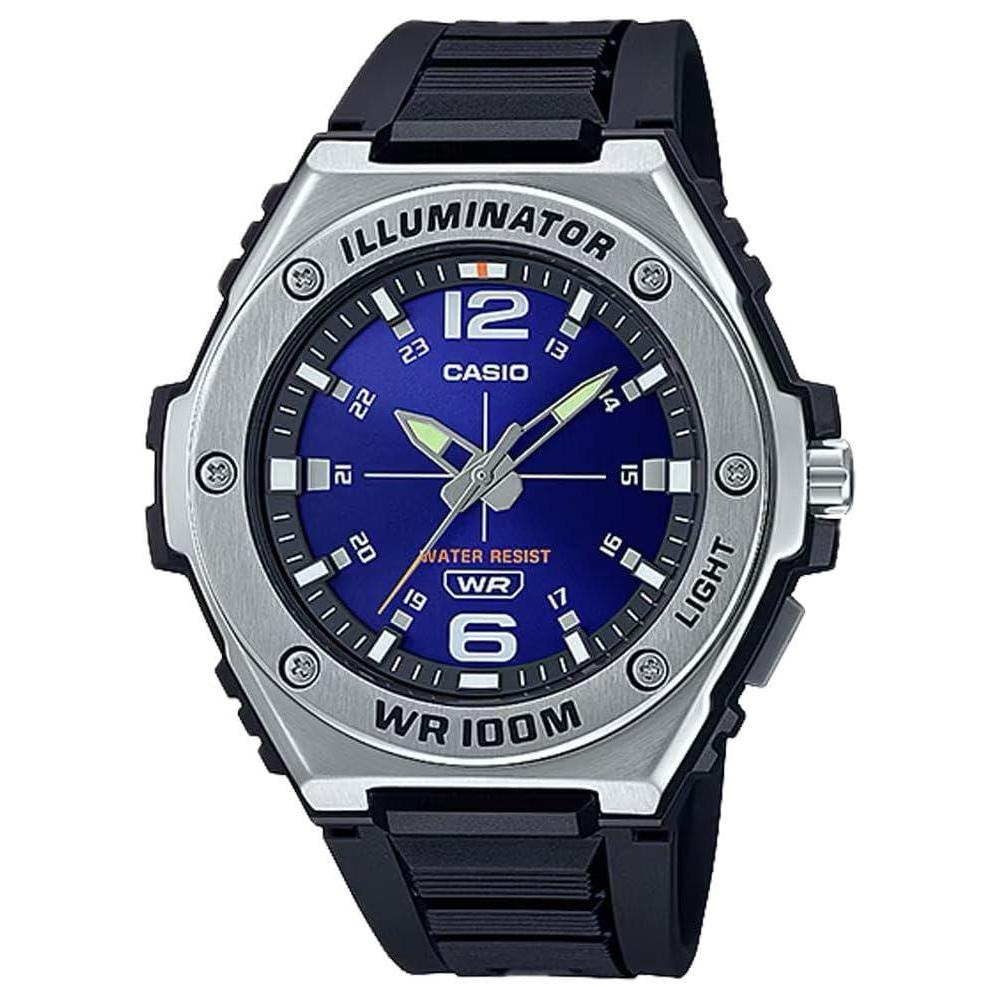 Reloj analógico para hombre Casio Serie MWA100H, bisel de acero inoxidable, LED iluminador y banda de resina, batería de 3 años