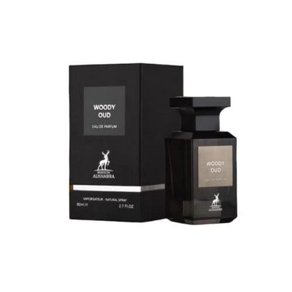 Maison Alhambra Woody Oud Eau de Parfum para hombre, fragancia amaderada exótica con oud raro y sándalo