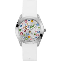 Reloj GUESS con cristal multicolor, carcasa plateada y silicona blanca resistente a manchas, perfecto para mujeres elegantes