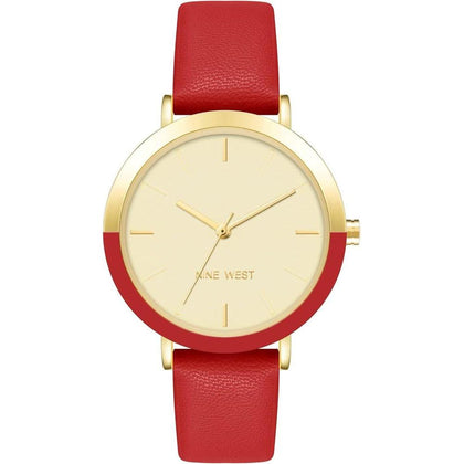 Reloj de pulsera para mujer de Nine West con movimiento de cuarzo japonés, correa de cuero sintético y esfera color champán