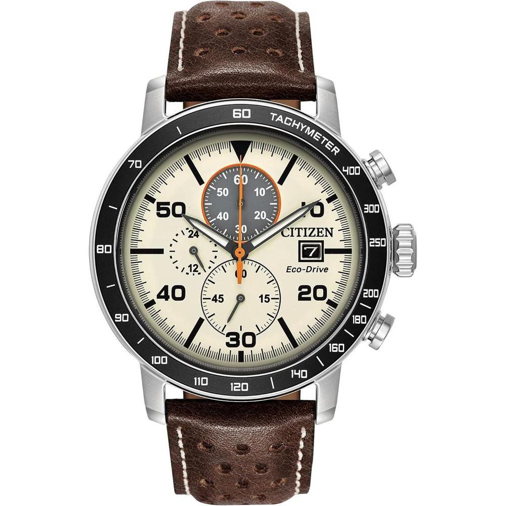 Reloj Citizen Eco-Drive Weekender Brycen cronógrafo con caja de acero inoxidable y correa de cuero marrón