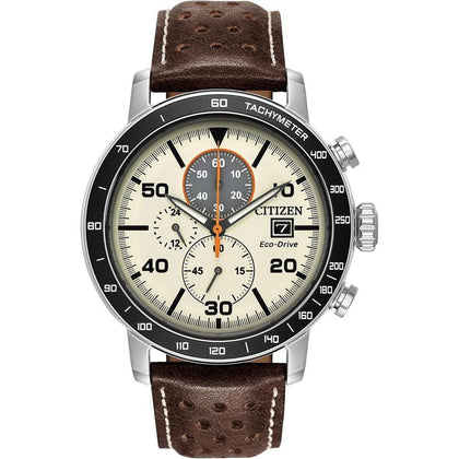 Reloj Citizen Eco-Drive Weekender Brycen cronógrafo con caja de acero inoxidable y correa de cuero marrón