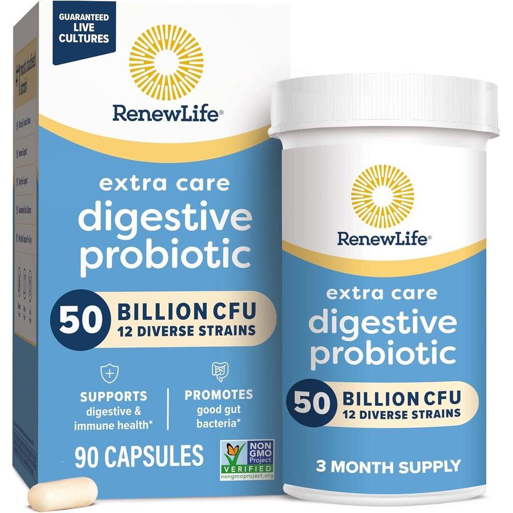 Renew Life Cápsulas Probióticas Digestivas Cuidado Extra 50 Mil Millones CFU, Soporte Salud Inmune, Digestiva y Respiratoria