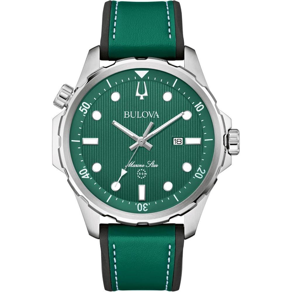 Bulova Reloj Marine Star de cuarzo plateado de acero inoxidable para hombre, correa de cuero y silicona, resistente al agua