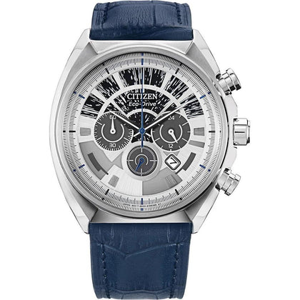 Citizen Eco-Drive Star Wars Millennium Falcon para hombre, cronógrafo acero inoxidable, correa piel azul, luminiscente