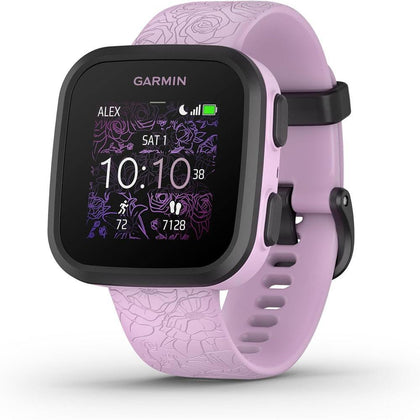 Reloj inteligente Garmin Bounce para niños con texto bidireccional, mensajes de voz y seguimiento de ubicación, lila floral