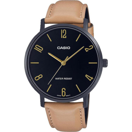 Reloj analógico Casio MTP-VT01BL-1B de cuarzo con esfera negra y correa de cuero estilo minimalista para hombre