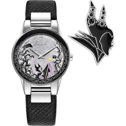 Citizen Eco Drive Maléfica Charm Box Set, Disney Villains, correa de cuero negro, Tono-plateado, Classic