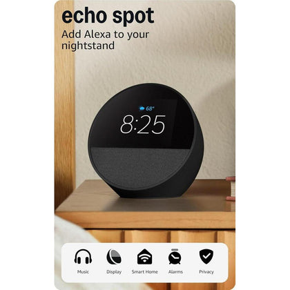 Echo Spot de Amazon: ideal para mesitas de noche, oficinas y cocinas, despertador inteligente con Alexa, color negro