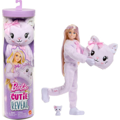 Barbie Cutie Reveal, muñeca y accesorios con gatito, 10 sorpresas, cambio de color y mini mascota incluida