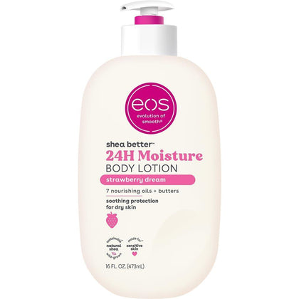 Eos Loción Corporal Shea Better Strawberry Dream, hidratante vegana 24 horas, aroma fresa, ligera y no grasa