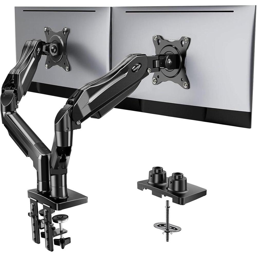 HUANUO FlowLift™ Soporte monitor doble ajustable VESA con abrazadera y base de ojales, cada brazo soporta hasta 9 kg