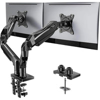 HUANUO FlowLift™ Soporte monitor doble ajustable VESA con abrazadera y base de ojales, cada brazo soporta hasta 9 kg