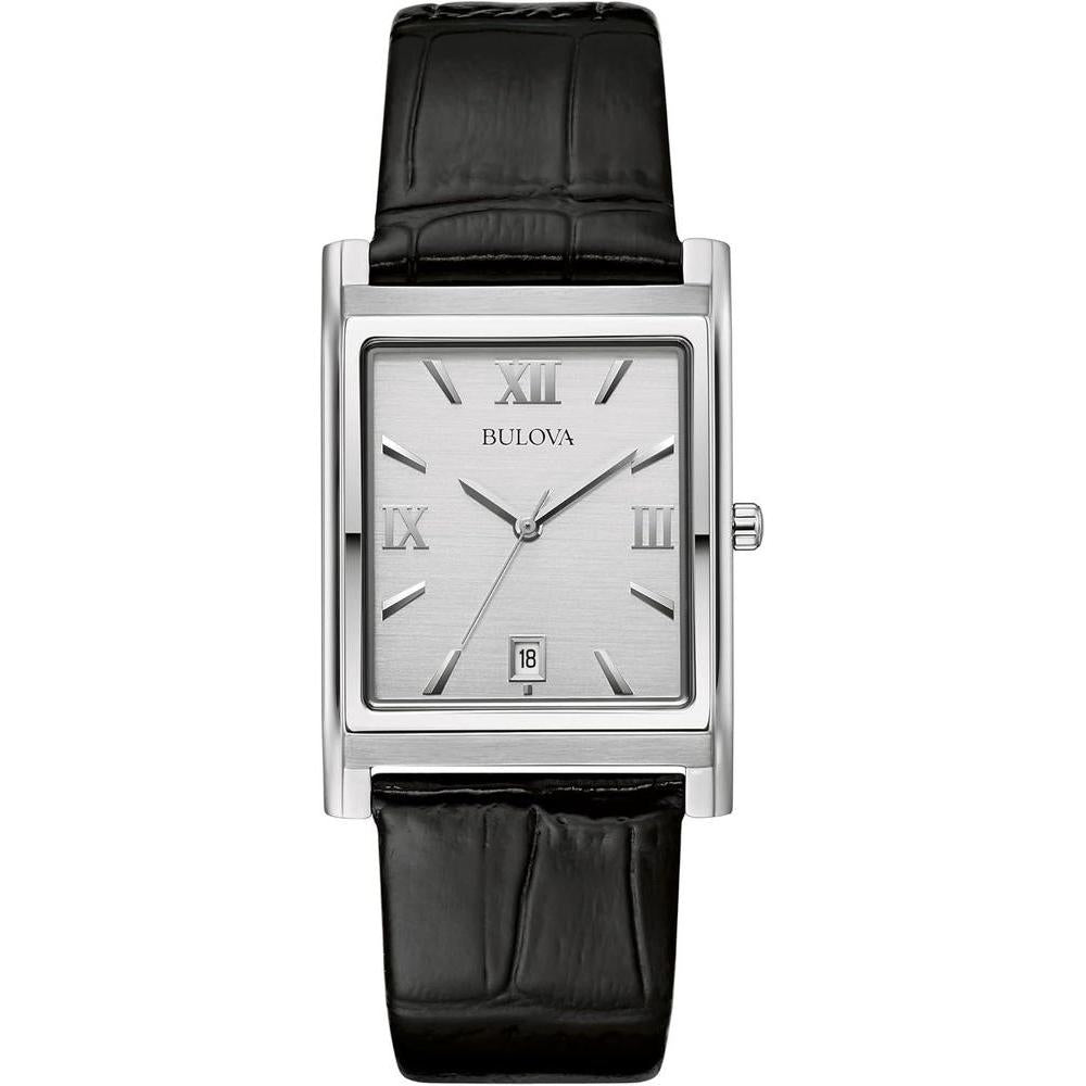 Reloj Bulova de cuarzo y calendario para hombre con caja de acero inoxidable y correa de cuero negro