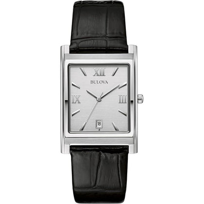 Reloj Bulova de cuarzo y calendario para hombre con caja de acero inoxidable y correa de cuero negro