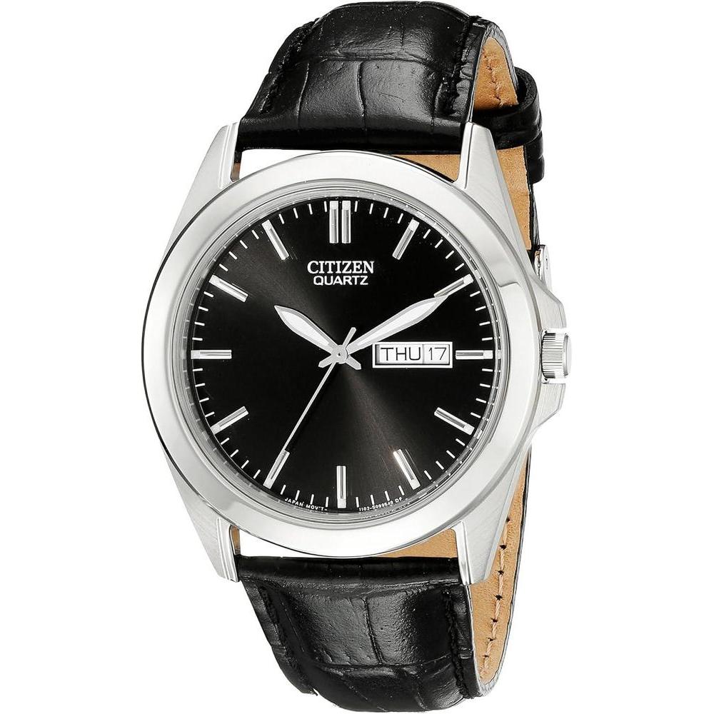 Citizen Reloj de cuarzo para hombre con caja de acero inoxidable y correa de piel, casual, negro