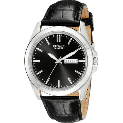 Citizen Reloj de cuarzo para hombre con caja de acero inoxidable y correa de piel, casual, negro