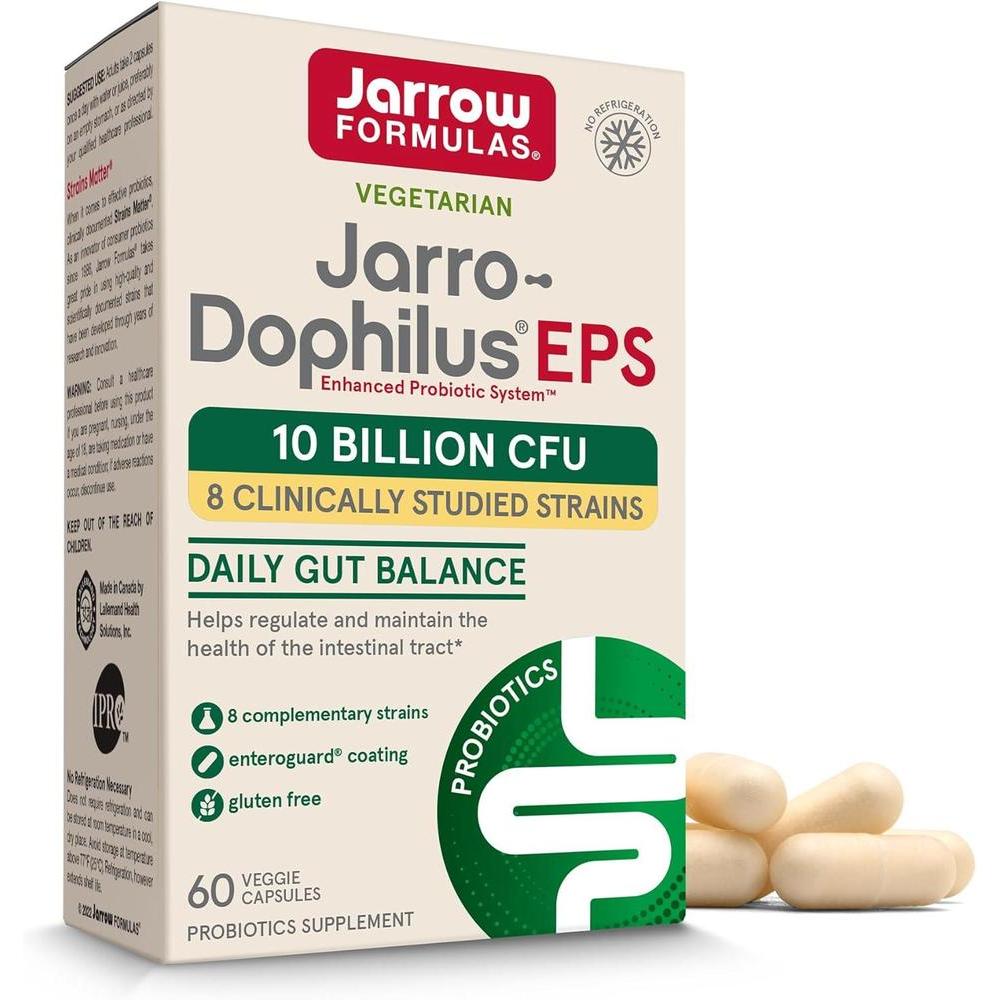 Jarrow Formulas Jarro-Dophilus EPS con 10 mil millones de UFC para apoyo intestinal, cápsulas veganas para hombres y mujeres