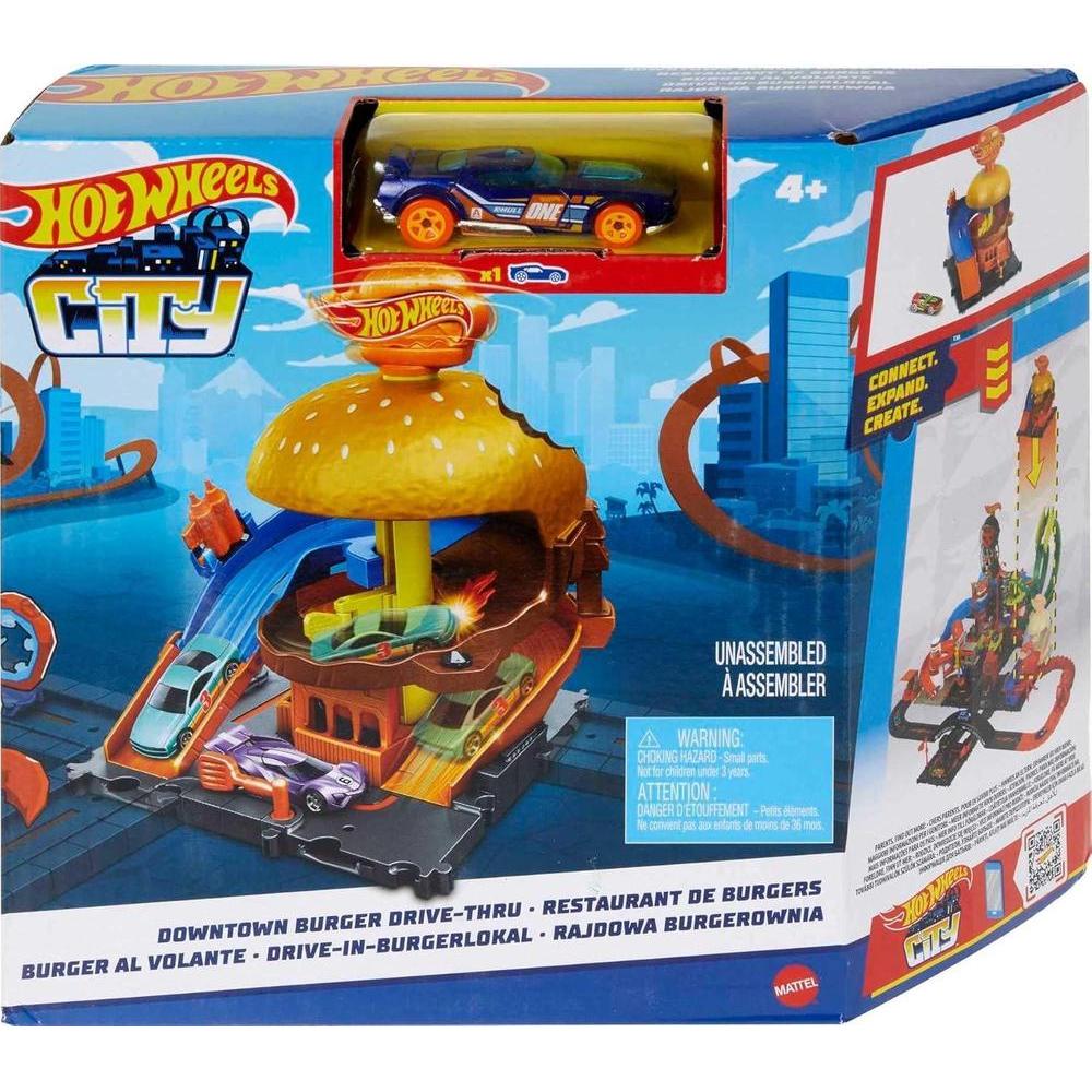 Hot Wheels City Burger Drive-Thru con 1 Vehículo, se conecta con otros playsets, para niños de 4 a 8 años