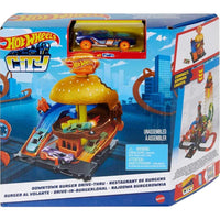 Hot Wheels City Burger Drive-Thru con 1 Vehículo, se conecta con otros playsets, para niños de 4 a 8 años