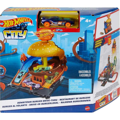 Hot Wheels City Burger Drive-Thru con 1 Vehículo, se conecta con otros playsets, para niños de 4 a 8 años