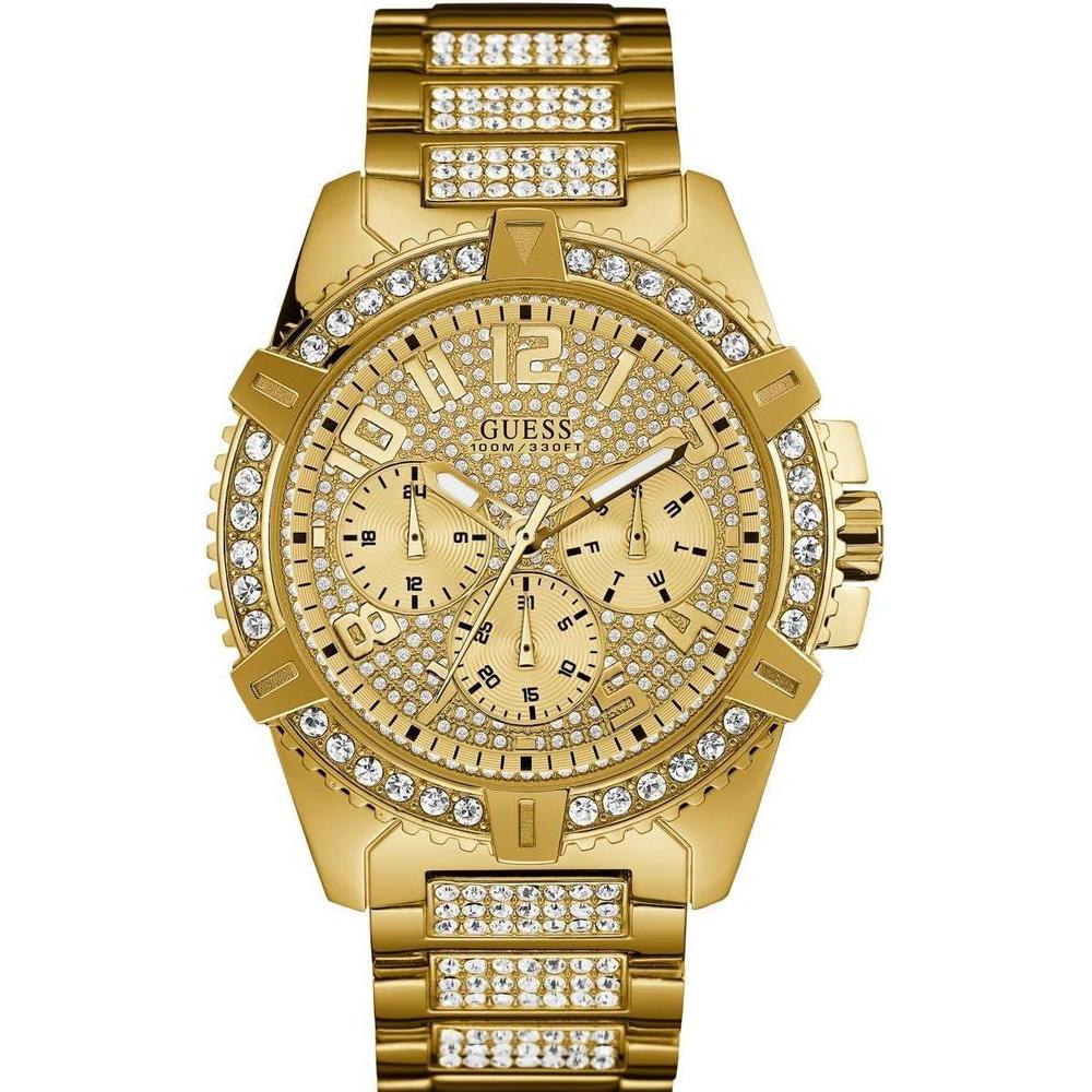 GUESS Reloj de pulsera dorado con adornos de cristal, acero inoxidable resistente, multifuncional, resistente a arañazos