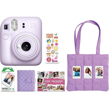 FUJIFILM Instax Mini 12 Paquete de Vacaciones 2025 en color Morado Lila con accesorios y películas incluidas