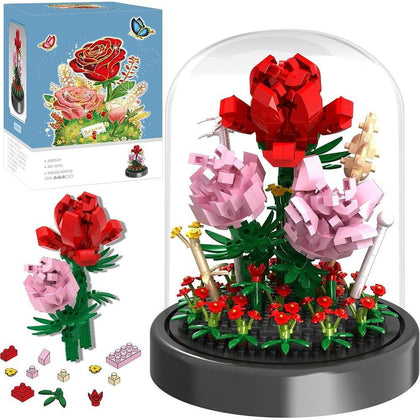 Kit ramo de flores con 524 piezas de mini ladrillos, rosas eternas en cúpula de cristal, ideal para regalos de San Valentín o decoraciones