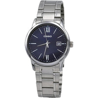 Reloj analógico estándar Casio para hombre con esfera azul, numeración romana y fecha, movimiento de cuarzo