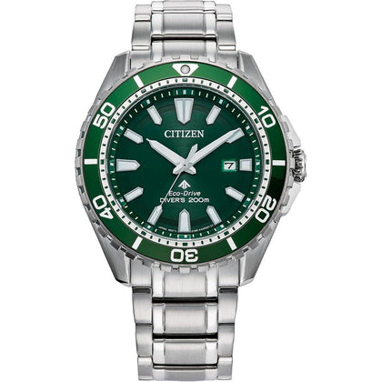 Citizen Eco-Dive Promaster Dive, reloj de pulsera de acero inoxidable plateado para hombre con esfera verde, 3 manecillas y calendario