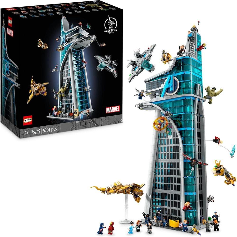 Torre de los Vengadores de LEGO Marvel con 31 minifiguras y detalles de película para adultos fanáticos del universo Marvel