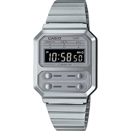 Reloj digital Casio A100WE-7B: Cronógrafo, alarma y retroiluminación en tono plateado vintage para hombre