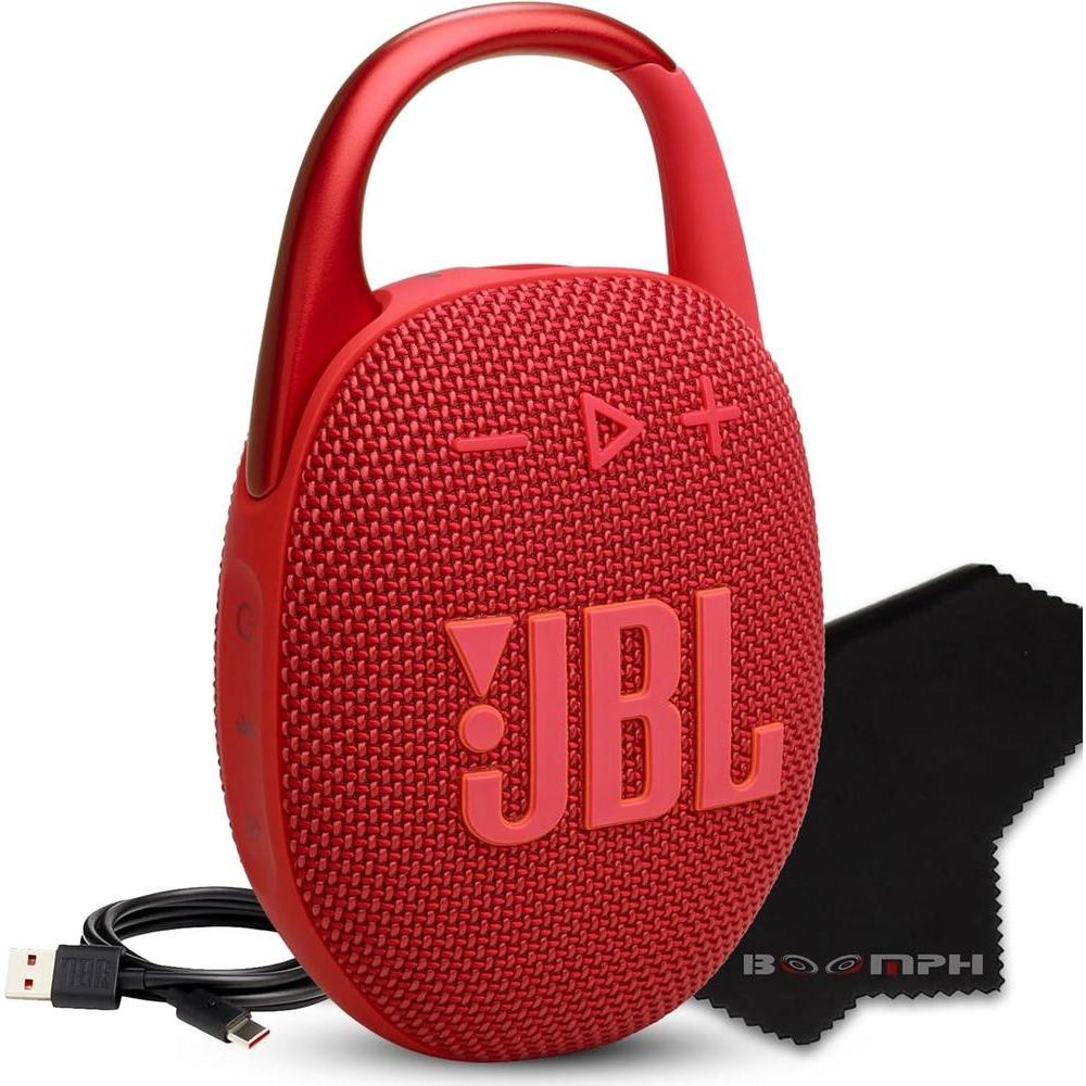 JBL Clip 5 Altavoz Bluetooth portátil resistente al agua y polvo, batería de larga duración, color rojo, ideal al aire libre