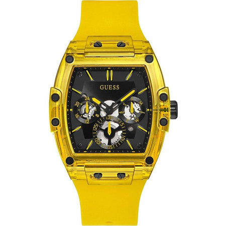 Reloj Guess Tonneau Diamond para hombre con diseño casual y elegante, esfera negra y detalles en color amarillo