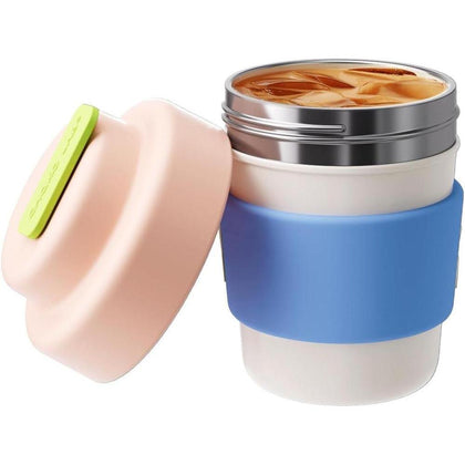 Taza de café de viaje aislada con doble pared de vacío, fácil de agarrar, libre de BPA, tapa rosa, de acero inoxidable