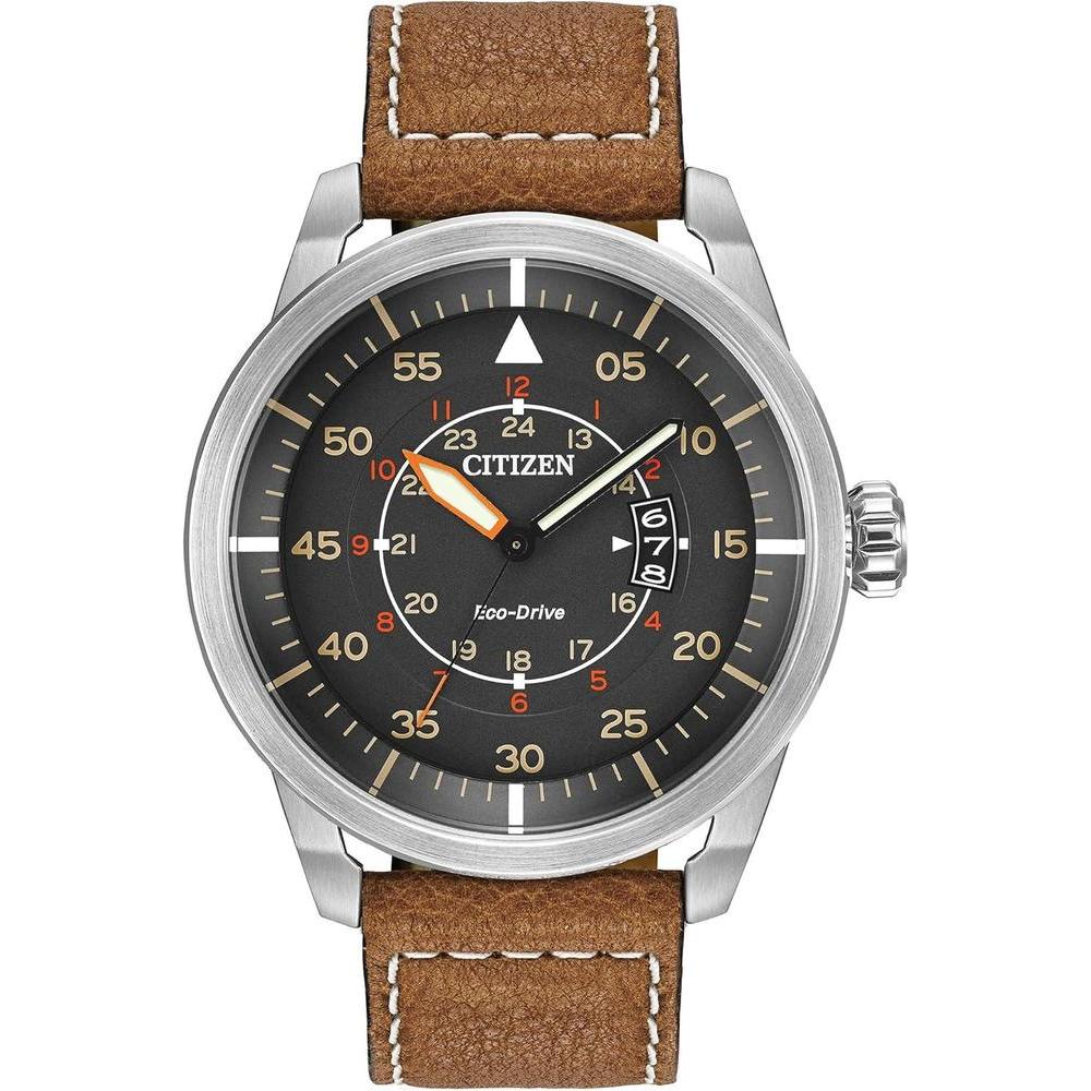 Citizen Reloj Eco-Drive para hombre en acero inoxidable, con correa de cuero marrón, modelo AW1361-10H con calendario y más
