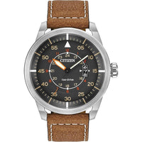 Citizen Reloj Eco-Drive para hombre en acero inoxidable, con correa de cuero marrón, modelo AW1361-10H con calendario y más