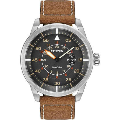 Citizen Reloj Eco-Drive para hombre en acero inoxidable, con correa de cuero marrón, modelo AW1361-10H con calendario y más