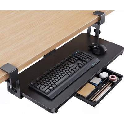 Bandeja para teclado debajo del escritorio HUANUO con soporte resistente de abrazadera en C, plataforma deslizante y cajón de almacenamiento