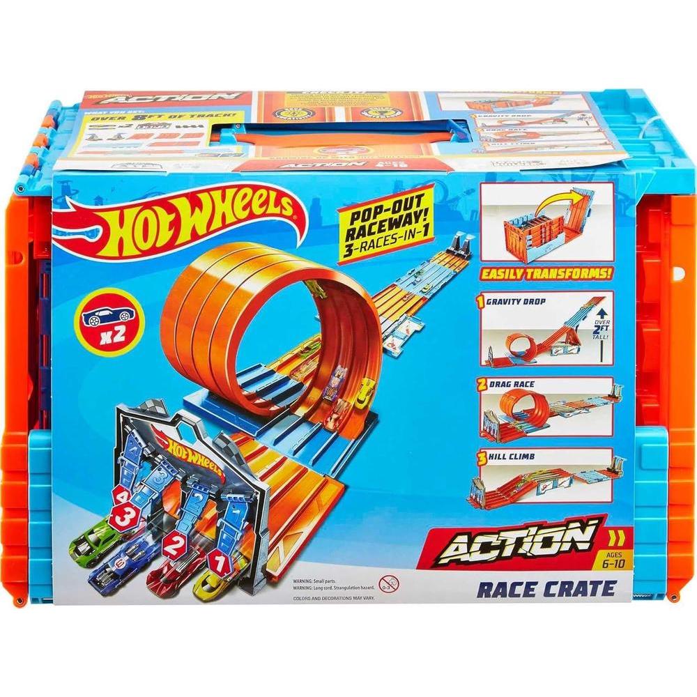 Hot Wheels Race Crate con 3 acrobacias, almacenamiento portátil para edades de 6 a 10