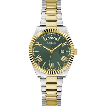 GUESS, reloj pulsera para mujer con borde de moneda, multicolor, resistente al agua y diseño elegante