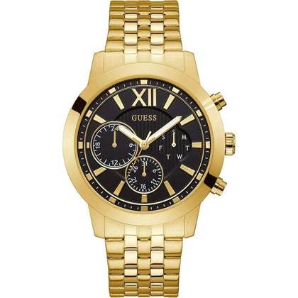Reloj de pulsera multifunción GUESS para hombre, acero inoxidable dorado con detalles negros, pantalla analógica y calendario