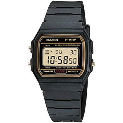 Reloj digital retro Casio F91WG-9 para hombre con correa negra y alarma, color dorado