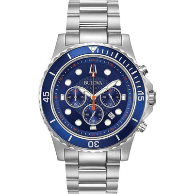 Bulova Cronógrafo clásico para hombre en acero inoxidable con esfera azul, movimiento de cuarzo y cristal mineral
