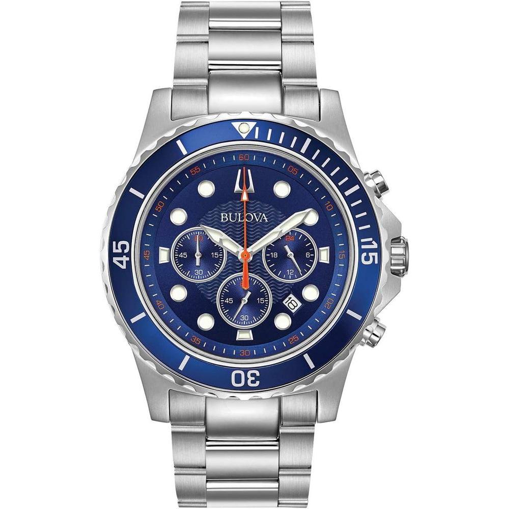 Bulova Cronógrafo clásico para hombre en acero inoxidable con esfera azul, movimiento de cuarzo y cristal mineral