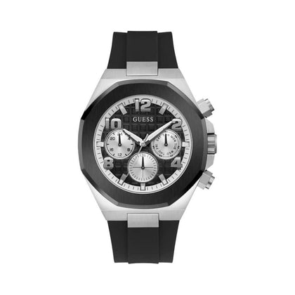GUESS Reloj de pulsera para hombre, caja de acero inoxidable resistente al agua, banda de silicona, movimiento de cuarzo exacto