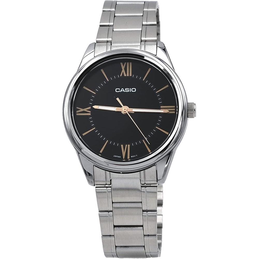 Reloj analógico Casio de acero inoxidable con esfera negra romana, movimiento de cuarzo para hombre