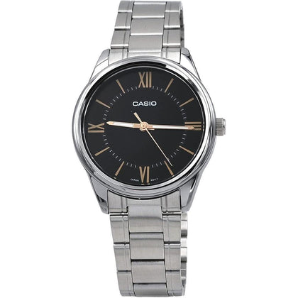 Reloj analógico Casio de acero inoxidable con esfera negra romana, movimiento de cuarzo para hombre