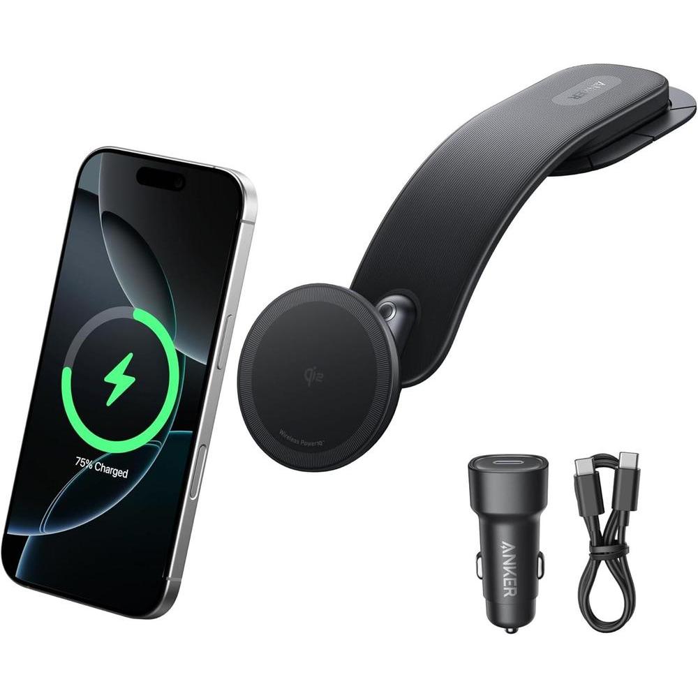 Cargador inalámbrico magnético para coche Anker, montaje ajustable 360°, 15 W Qi2 certificado con soporte de aleación para iPhone