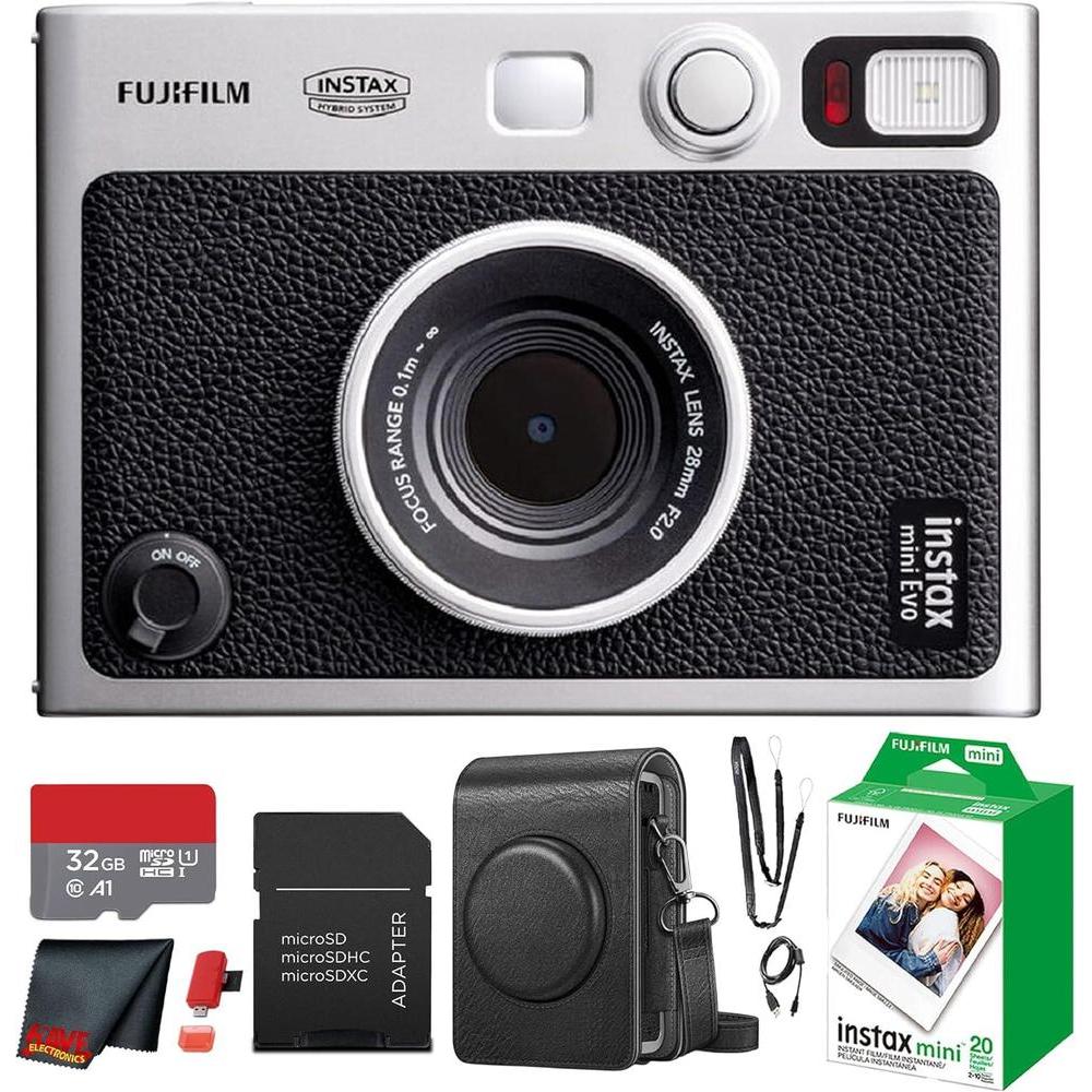 Fujifilm Instax Mini EVO Cámara Híbrida Instantánea Paquete con Película, Tarjeta de Memoria y Estuche